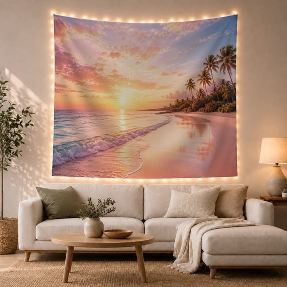 Tropical Beach at Sunset With Palm Trees Serene Coastal for Beach Lovers Serene Coastal Art Decor Housewarming Gift Tapestry Wall Hanging for Bedroom and Living Room
