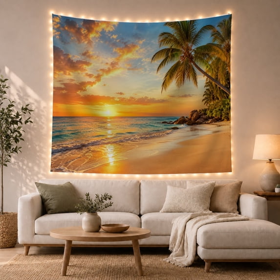 Tropical Beach Sunset with Palm Trees, Serene Coastal Scene for Ocean Lovers, Seaside Wall Art Housewarming Gift Tapestry Wall Hanging for Bedroom, Living Room and Dorm