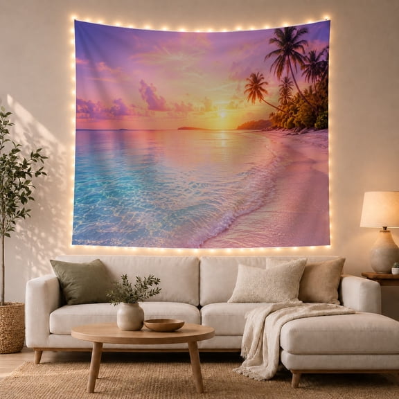 Tropical Beach Sunset with Palm Trees, Serene Coastal Style for Beach Lovers, Ocean Wall Decor, Housewarming Gift, Tapestry Wall Hanging for Bedroom, Living Room and Dorm