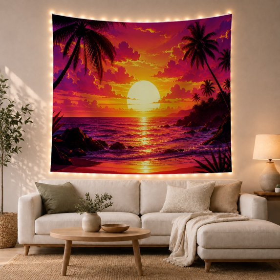 Tropical Beach Sunset With Palm Trees Serene Coastal Style for Beach Lovers Ocean Wall Decor Housewarming Gift Tapestry Wall Hanging for Bedroom, Living Room and Dorm