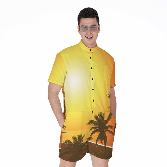 Tropical Beach Sunset Short Sleeve Men'S Rompers, Aloha Hawaiian Tropical Floral Plants Summer Casual Summer Jumpsuits Outfit