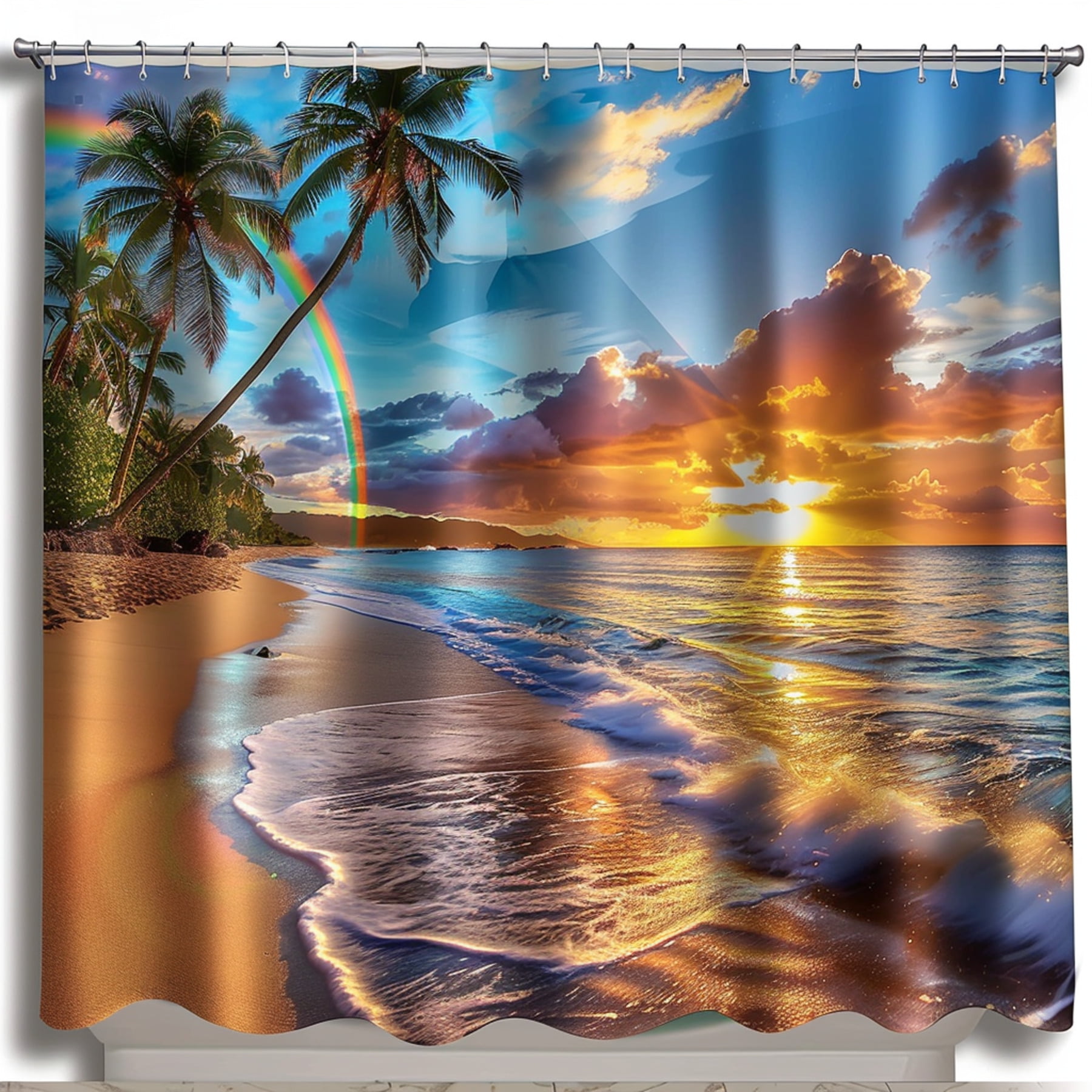 Tropical Beach Sunset Shower Curtain Hyper Realistic Photography with
