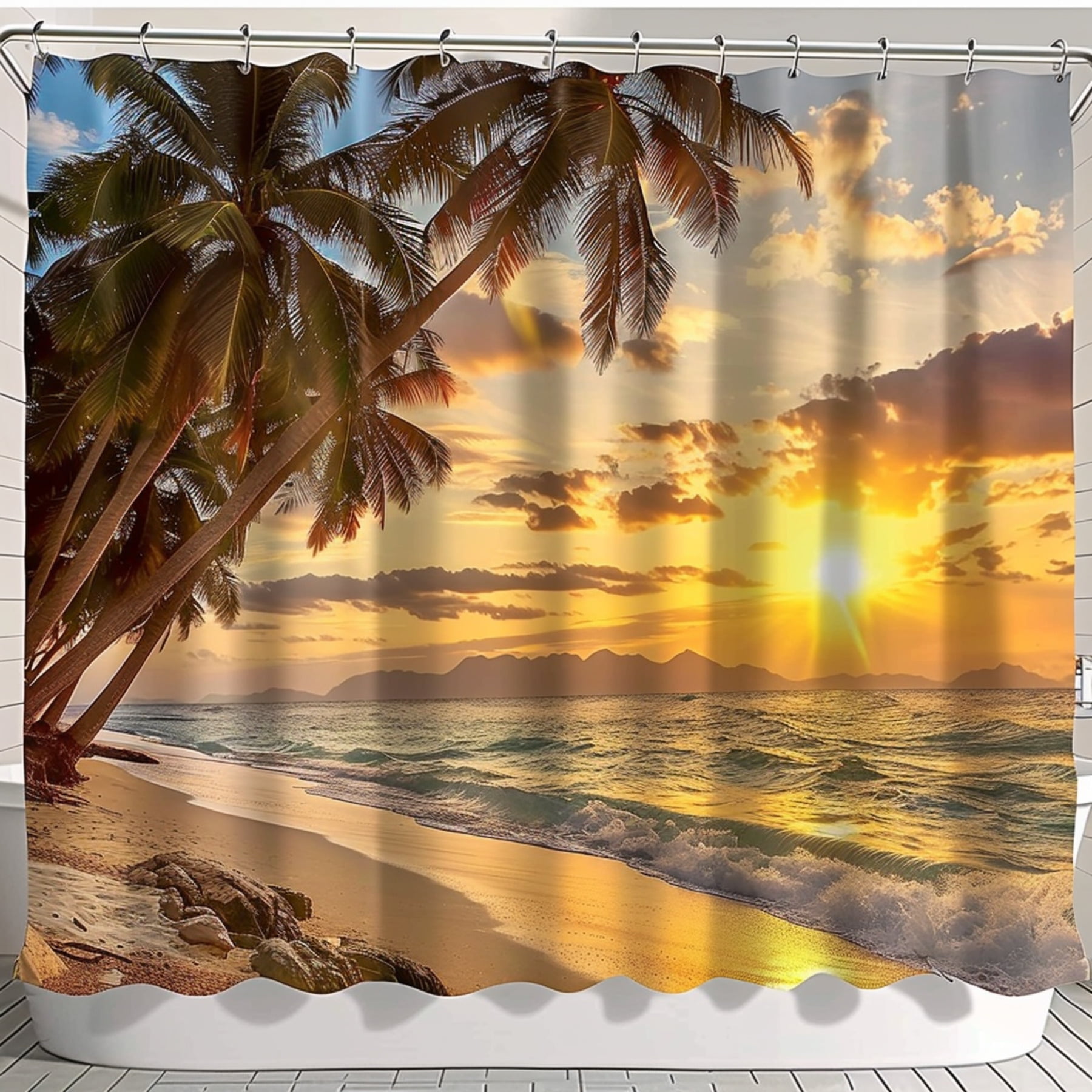 Tropical Beach Sunset Shower Curtain Hyperrealistic palm tree and beach