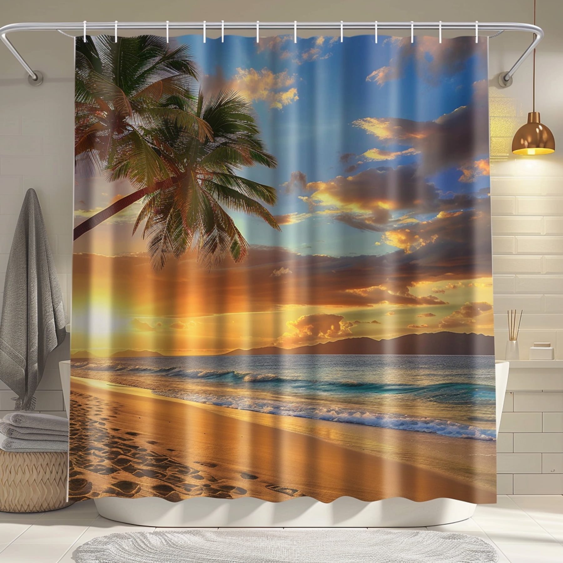 Tropical Beach Sunset Shower Curtain Hyperrealistic palm tree beach