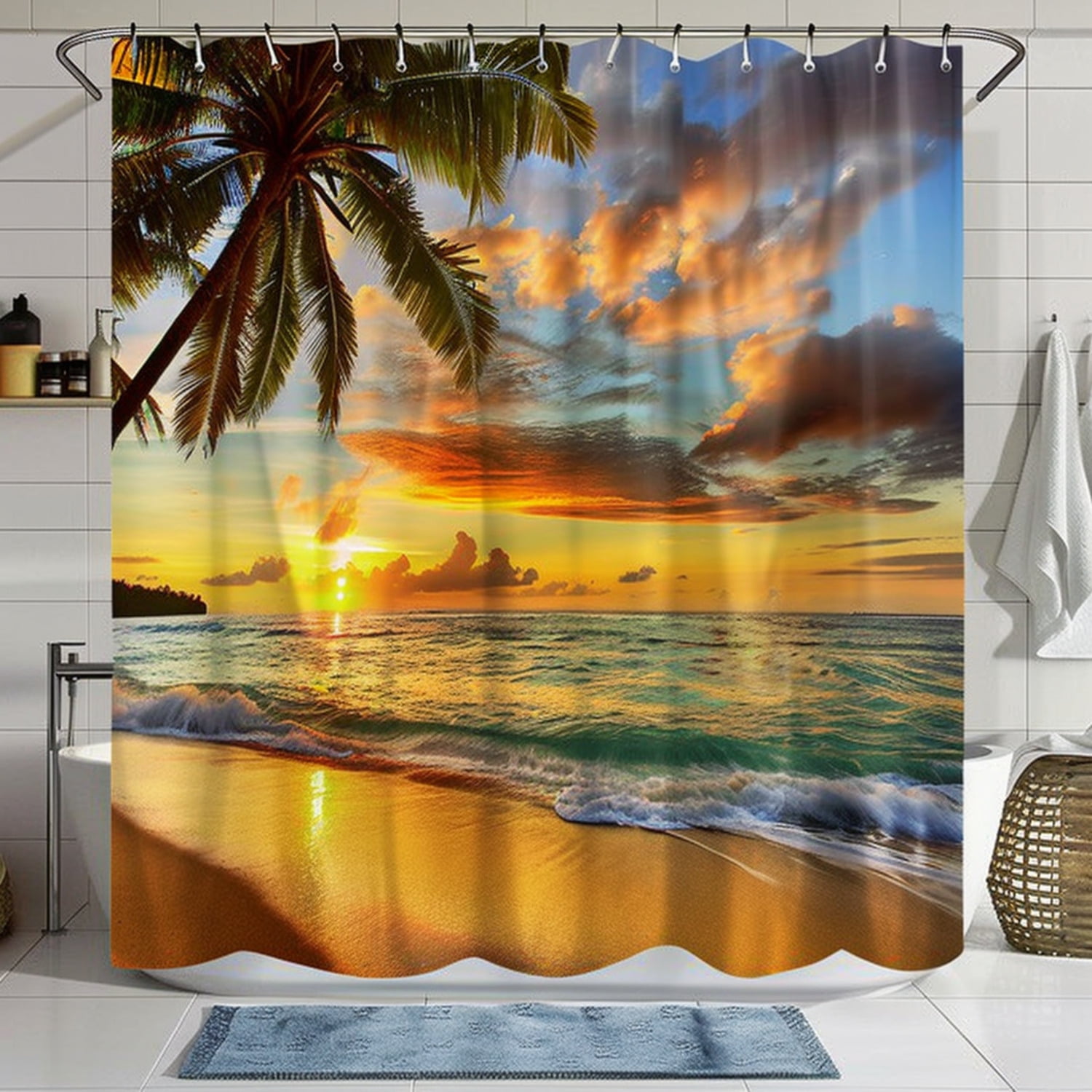 Tropical Beach Sunset Shower Curtain Palm Trees & Golden Sunset Hyper