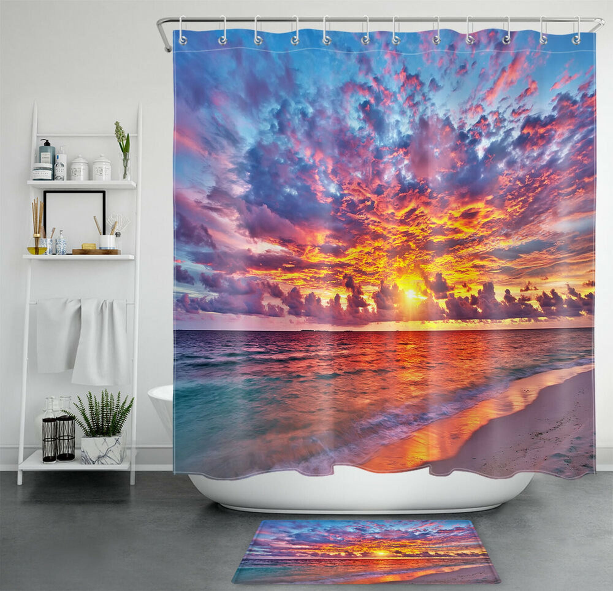 Tropical Beach Sunset Shower Curtain Set Vibrant Bathroom Decor with