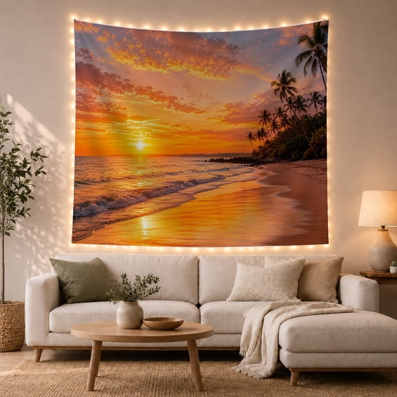 Tropical Beach Sunset with Silhouetted Palm Trees Serene Coastal for Beach Lovers Tropical Art Decor Housewarming Gift Tapestry Wall Hanging for Bedroom and Living Room