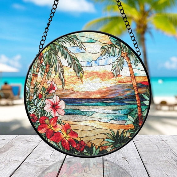 Tropical Beach Sunset Stained Glass Suncatcher | Circular Mosaic Window Art | Hawaiian Coastal Decor