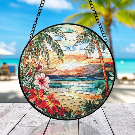 Tropical Beach Sunset Suncatcher, Circular Mosaic Window Art, Coastal Decor, 3.5 in