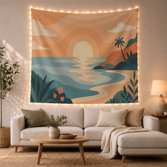Tropical Beach Sunset With Teal Ocean Against Coral Sky, Peaceful Retro for Coastal Lovers, Stylized Nature Art, Housewarming Gift, Tapestry Wall Hanging for Bedroom and Living Room