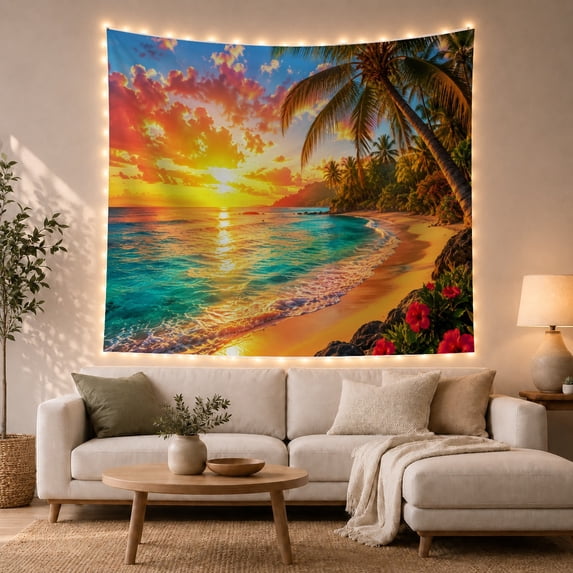 Tropical Beach Sunset Over Turquoise Sea, Serene Coastal Style for Ocean Lovers, Seascape Wall Art, Housewarming Gift, Tapestry Wall Hanging for Bedroom and Living Room