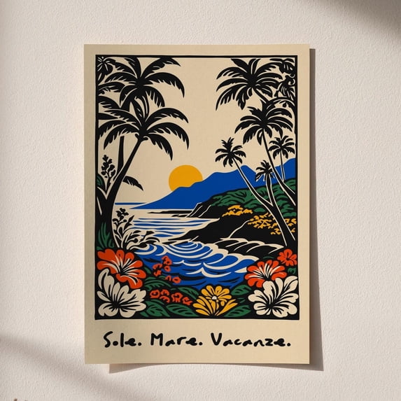 Tropical Beach Sunset Vibrant Floral Ocean Art Poster, Unframed Canvas 16x20in