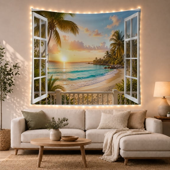 Tropical Beach Sunset View Over Balcony With Ocean and Palm Trees, Serene Coastal for Ocean Lovers, Scenic Wall Art Decor, Housewarming Gift, Tapestry Wall Hanging for Bedroom and Living Room
