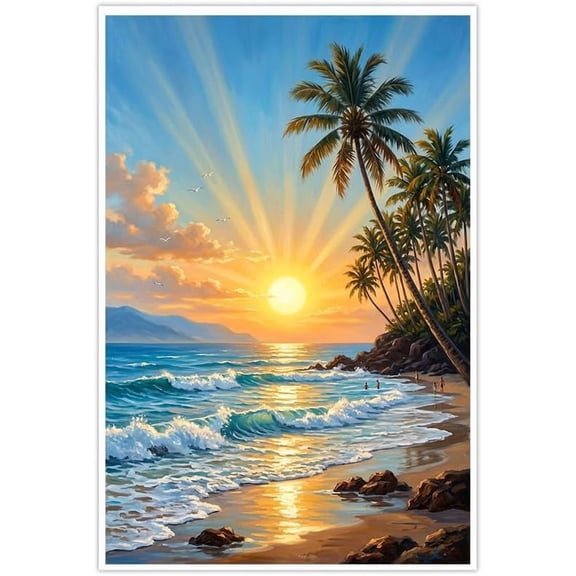 Tropical Beach Sunset Wall Art Palm Trees Coastal Ocean Nature Decor Poster