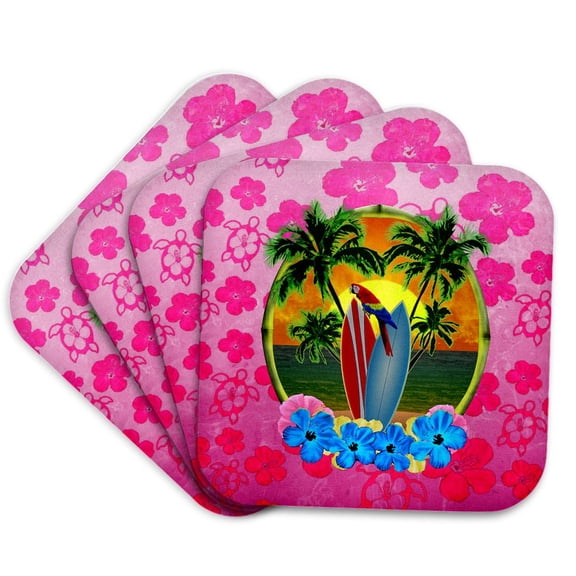 3drose, Tropical Beach Sunset with Parrot and Surfboards and Pink Flowers., Set of 4 Coasters - Soft