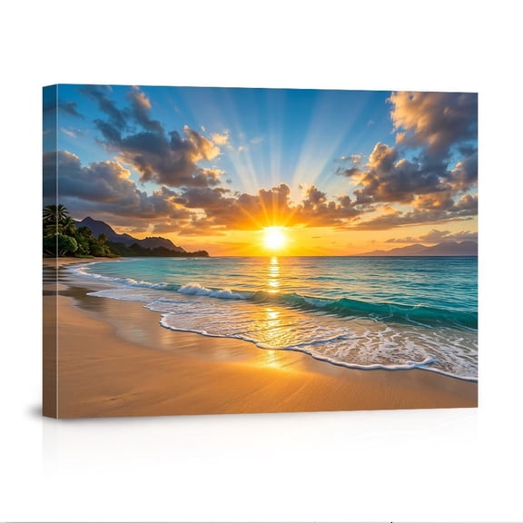 Tropical Beach Sunset With Sun Rays Turquoise Ocean Landscape For Living Room Canvas