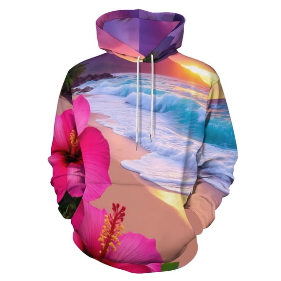 Tropical Beach Sunset with Pink Hibiscus Men's Women New Sweatshirt Hoodie Men's Plus Size Sweatshirt Hooded Sweatshirt 3d Printed Street Men's Cloth