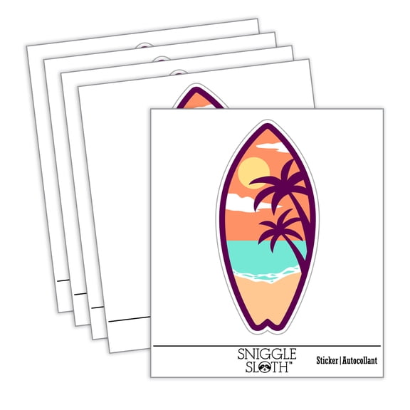Tropical Beach Surfboard Hawaii Car Window Bumper Water Bottle Phone Tablet Laptop Waterproof Vinyl Decal Sticker Set 5-Pack - Gloss Finish - 3.0"