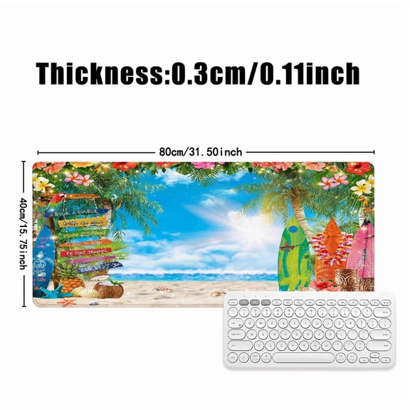 Tropical Beach Theme Mouse Pad 31.5 x 11.82 Inches Rubber Desk Accessory with Surfboard and Palm Tree Design