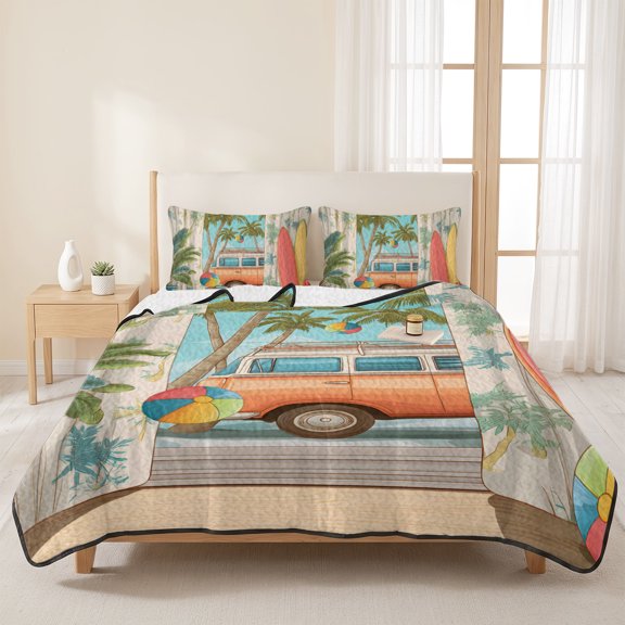 Tropical Beach Vacation Surfboard 3 Pieces Quilt Set,1 Quilt with 2 Shams,Coconut Tree Camper Van Bedspread Soft Lightweight Bedding Coverlet Comforter Set for All Season 96"x106"