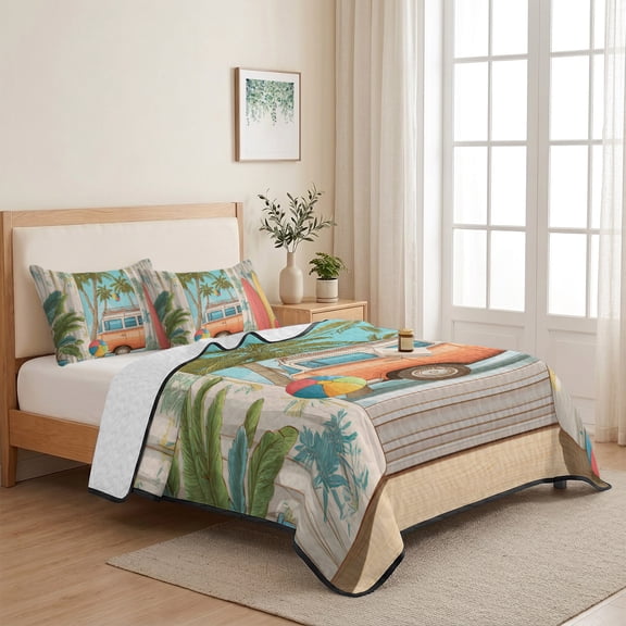 Tropical Beach Vacation Surfboard 3 Pieces Quilt Set,1 Quilt with 2 Shams,Coconut Tree Camper Van Bedspread Soft Lightweight Bedding Coverlet Comforter Set for All Season 68"x98"