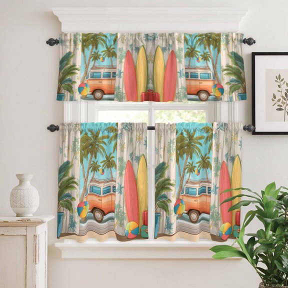 Tropical Beach Vacation Surfboard Curtain Tier and Valance Set 3 Piece,Coconut Tree Camper Van 3-inch Rod Pocket Window Tier Curtains Valance for Kitchen Living Room