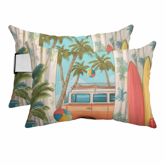 Tropical Beach Vacation Surfboard Outdoor Pillow for Chaise Lounge Chair,Coconut Tree Camper Van Waterproof Headrest Lumbar Pillows with Insert&Elastic Strap for Patio Pool Garden Chairs Decor,2 Pack