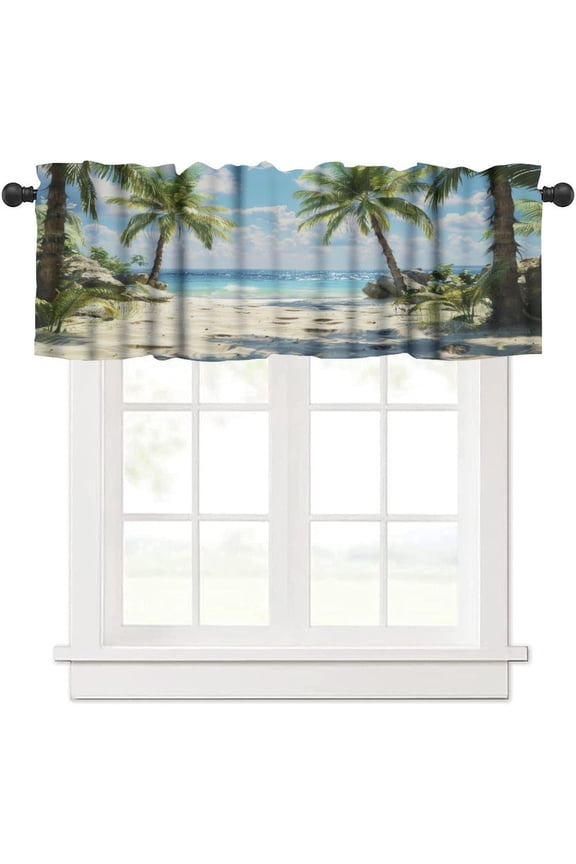 Tropical Beach Valance Curtains, Natural Summer Seaside Scenery Ocean Palm Tree View Pattern Blackout Home Decor Short Window Treatments Drapes for Bedroom Kitchen Bathroom 54x18 inch