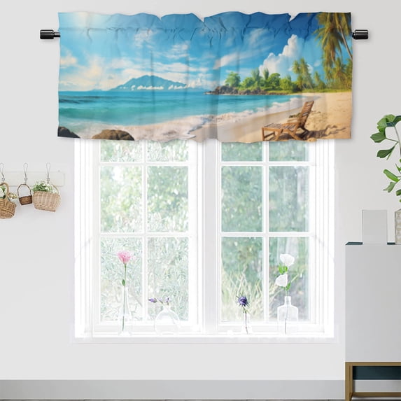 Tropical Beach Valance Rod Pocket Window Curtain for Kitchen Summer Seaside Scenery Ocean Island Palm Tree Privacy Window Valances for Living Room Kitchen 54 by 18 in, 1 Panel