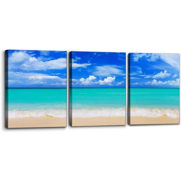 Tropical Beach Wall Art for Living Room Blue Ocean Beach Wave Wall Decor for Bedroom Seascape Paintings Modern 3 Pieces Framed Canvas Art Prints Ready to Hang Pictures Home Decorations (12"x16"x3)