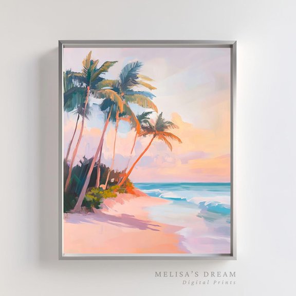 Tropical Beach Wall Art Palm Tree Sunset Coastal Landscape, Unframed Paper Poster 8x10in