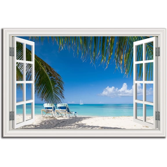 Tropical Beach Wall Art Picture for Living Room - Window Frame Style Canvas Wall Decor Palm Tree - Coastal Art Print for Bedroom - Blue Ocean Artwork on Canvas for Home decoration