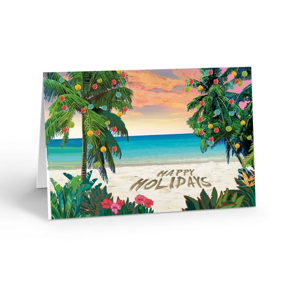 Tropical Beach White Sand Holiday Cards - 18 Cards with 19 Envelopes - Christmas