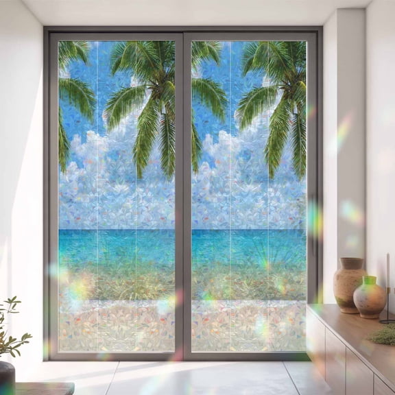 Tropical Beach Window Privacy Film Starfish Palm Tree Sky Coastal Static Cling Stained Glass Window Film Non-Adhesive Decorative Decals Rainbow Sticker 35.4"X78.7"