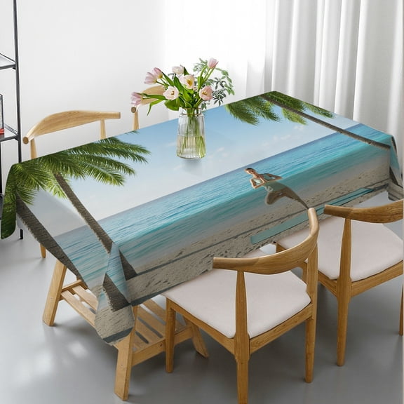 Tropical Beach Yoga Rectangular Tablecloth,  Holiday-Themed Design - Holiday Party Tablecloth Tablecloths rectangle tables large size, Cafe, dinner, brunch, buffet, picnic