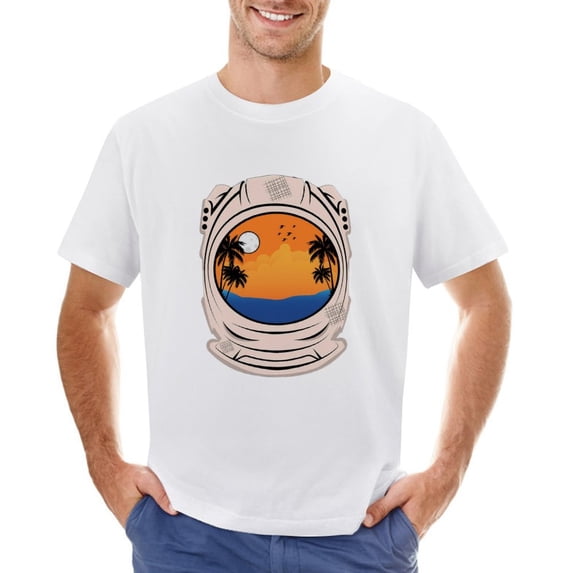 Tropical Beach with Astronauts Vintage T-shirt Mens Cotton Classic Crewneck Short Sleeve Tees Unisex White S
