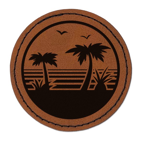 Tropical Beach with Palm Trees 2.5" Faux Leather Round Engraved Iron-On Patch - Brown