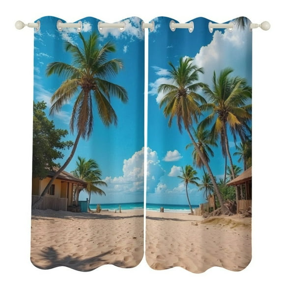 Tropical Beach with Palm Trees 2 Panels 3D Printing Pattern Curtain for Bedroom Living Room Kitchen Window Decoration Home
