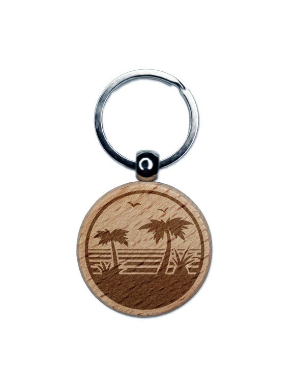 Tropical Beach with Palm Trees Round Keychain Charm Tag - Engraved Wood
