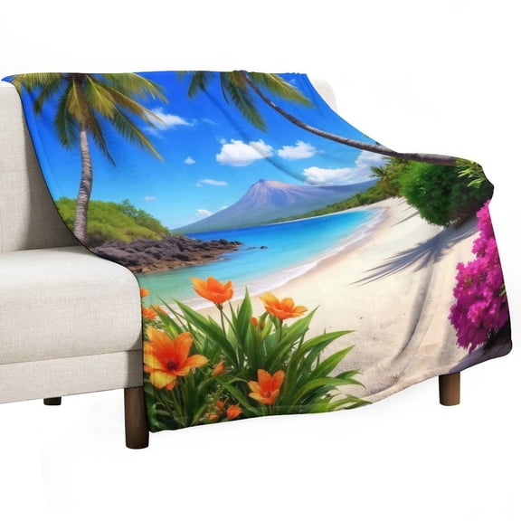 Tropical Beach with Palm Trees Throw Blanket Warm Microfiber Flannel Bedroom Decor Blankets For Beds