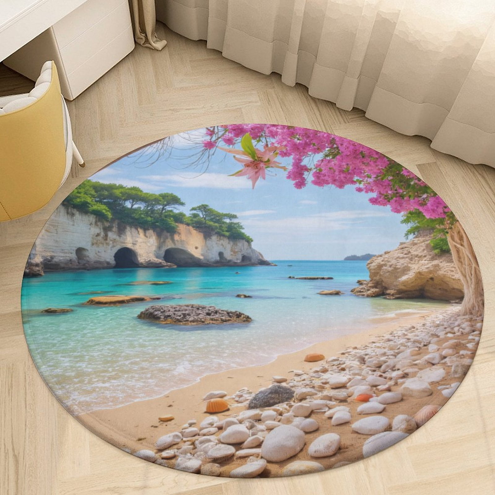 Tropical Beach with Pink Flowers Round Area Rugs for Bedroom Living ...