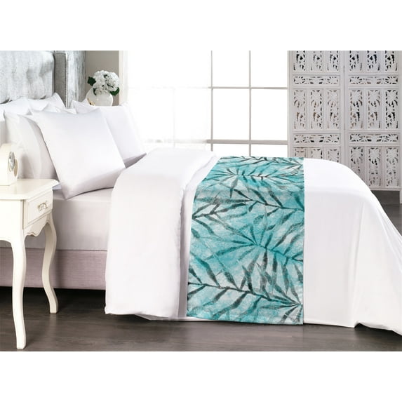 Tropical Bed Runner, Abstract Watercolor Style Repetitive Palm Leaves Illustration Art, Decorative Accent Bedding Scarf for Hotels Homes & Guest Rooms, King, Deep Sky Blue and Pale Teal, by Ambesonne