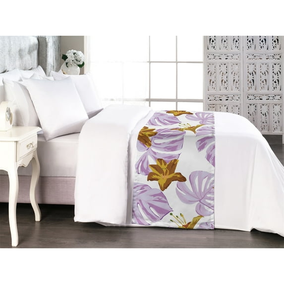 Tropical Bed Runner, Bicolour Lilly Flowers and Monstera Leaves Retro Exotic Hawaiian, Decorative Accent Bedding Scarf for Hotels Homes & Guest Rooms, King, Pale Purple Amber Mustard, by Ambesonne
