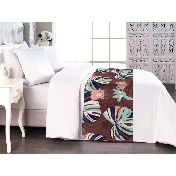 Tropical Bed Runner, Colorful Monstera Leaves Flowers Oversimplified Abstract Illustrations, Decorative Accent Bedding Scarf for Hotels Homes & Guest Rooms, King, Pale Salmon Seafoam, by Ambesonne