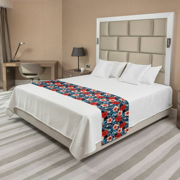 Tropical Bed Runner, Exotic Illustration of Hibiscus and Plumeria Flowers on Dark Background, Decorative Accent Bedding Scarf for Hotels Homes and Guestrooms, King, Ruby Blue, by Ambesonne