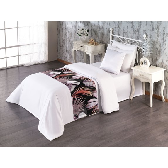 Tropical Bed Runner, Exotic Jungle Leaves on Black Background Watercolor Hawaiian Branches, Decorative Accent Bedding Scarf for Hotels Homes & Guest Rooms, Twin, Plum Grey Pink Salmon, by Ambesonne