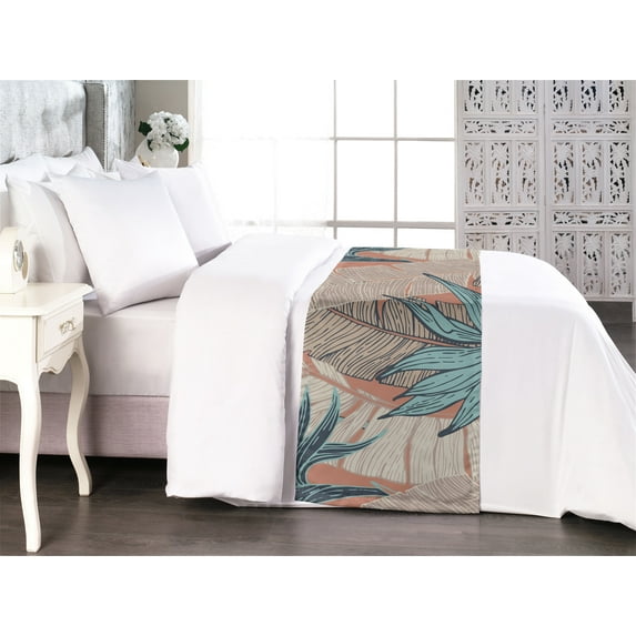 Tropical Bed Runner, Exotic Jungle Leaves Repeating Illustrations in Hand-Drawn Abstract, Decorative Accent Bedding Scarf for Hotels Homes & Guest Rooms, King, Pale Rust and Blue Grey, by Ambesonne