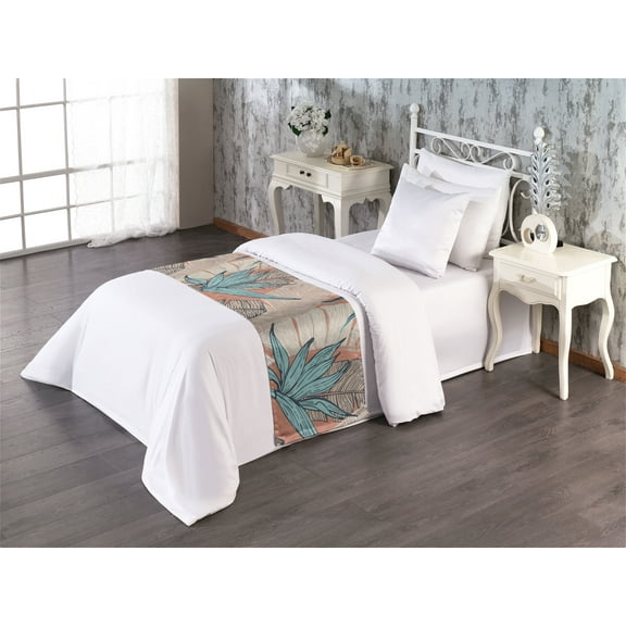 Tropical Bed Runner, Exotic Jungle Leaves Repeating Illustrations in Hand-Drawn Abstract, Decorative Accent Bedding Scarf for Hotels Homes & Guest Rooms, Twin, Pale Rust and Blue Grey, by Ambesonne