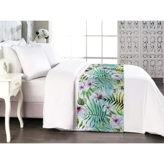 Tropical Bed Runner, Exotic Leaves with Flowers on Watercolor Pattern Backdrop Art, Decorative Accent Bedding Scarf for Hotels Homes & Guest Rooms, Queen, Pale Purple and Fern Green, by Ambesonne