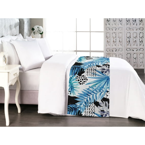 Tropical Bed Runner, Exotic Palm Leaves Abstract Flora Watercolor Hand-Drawn Style Art, Decorative Accent Bedding Scarf for Hotels Homes & Guest Rooms, King, Dark Turquoise and Sea Blue, by Ambesonne